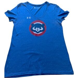 Blue V-Neck Short Sleeve T-Shirt with Cubs Logo by Under Armour.  Size = Small.